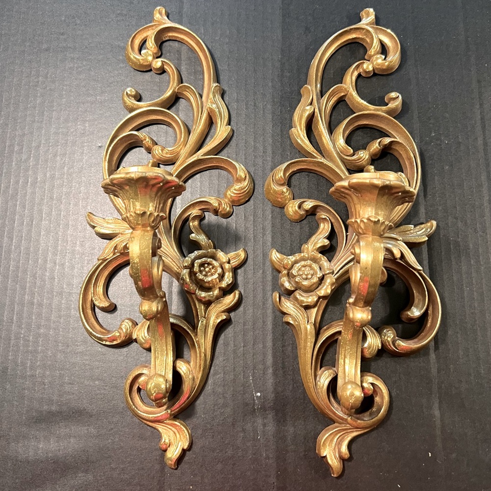 VTG Syroco Flower Scroll Wall Sconce Candleholders Hollywood Regency Set of Two